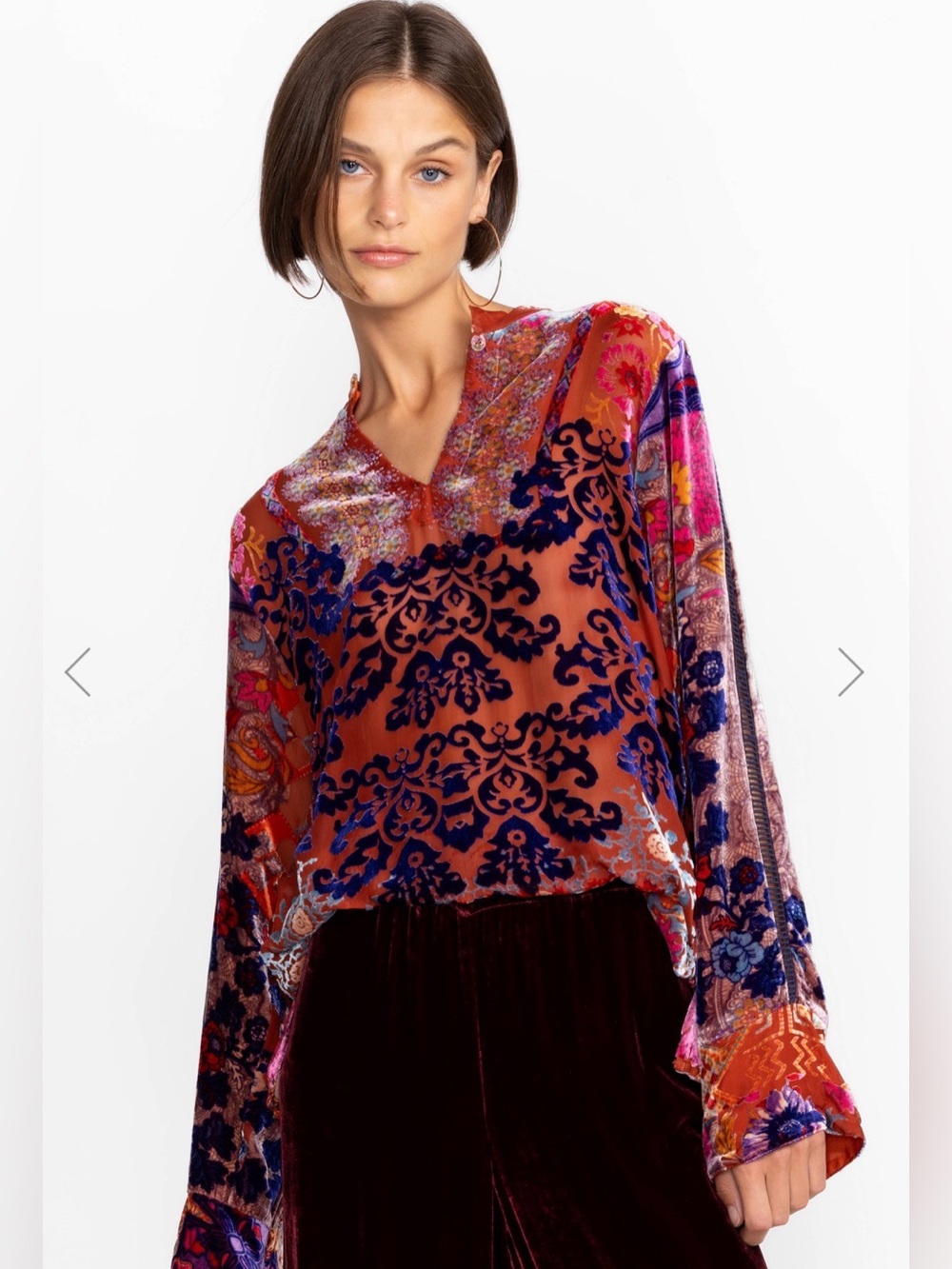 Johnny Was Syriah Burnout Enta Blouse patchwork Velvet Velour silk size large